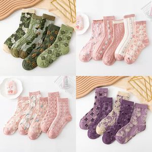 Socks Hosiery 5Pairs/set Women's Socks Purple Vintage Floral Fashion European American Street Socks Mid Tube autumn Socks Retro Court Socks 3D 230616