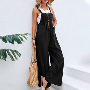 Women's Jumpsuits Rompers Women Cotton Linen Jumpsuit Vintage Casual Solid Button Pocket Wide Leg Suspender Pants Ladies Summer Loose Overalls Rompers 230616