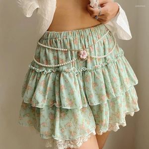 Skirts Women's Mini Floral Print Lace Patchwork Elastic Waist Ruffles Tiered Hem Short Summer Casual A-line Cake