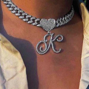 Pendant Necklaces Hip Hop Cursive Initial Letter Necklace for Women with 13mm Bling Iced Out Cuban Chain Heart Choker Jewelry 230613