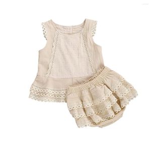 Conjuntos de roupas FOCUSNORM 0-4Y Verão Crianças Meninas Roupas Renda T-shirt Colete Tops Shorts em Camadas Bloomers 2PCS Roupas de Princesa