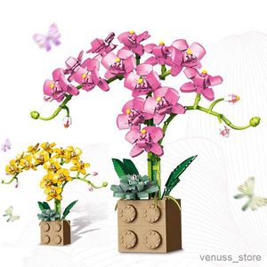 Block byggstenar blommor phalaenopsis krukut bukettmodell monterade blomma block hem dekor barn leksak gåvor r230617