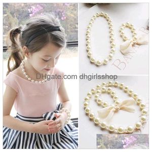 Bracelet Necklace Korean Pearl Set For Kids Baby Girls Exaggerated Big Beads Jewelry Sets White Color Children Gifts Wholesale Dro Dhhtd