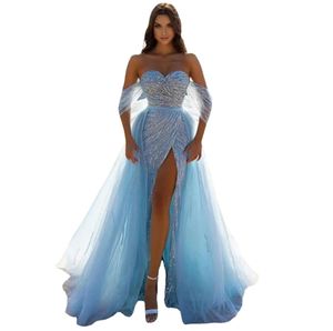 Blue Prom Dresses High Spit Off Shoulder Party -klänningar Promklänningar Aftonklänningar Skräddarsydda speciella tillfällen klänningar fester plus storlek
