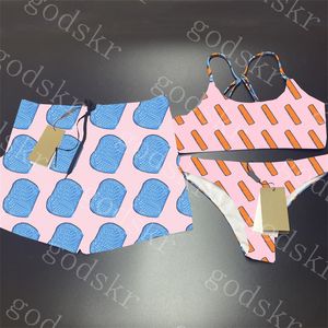Roupa de banho para casal de grife, biquíni com estampa de letra azul, shorts masculinos, maiô feminino moderno, calça de natação para meninos