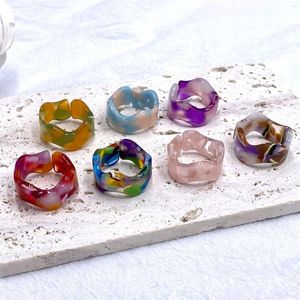 Cluster Rings Fashion Resin Ins Style Unadjustable Opening Tie-Dye Wave Marbling Ring For Women Men Finger Jewelry Gifts 18mm Dia.