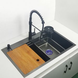 Kitchen Sinks Matte Black Nano Sink Over Mount Washing Basin With Choping Board 304 Rostfritt stål Single Black Disphing Sink 230616