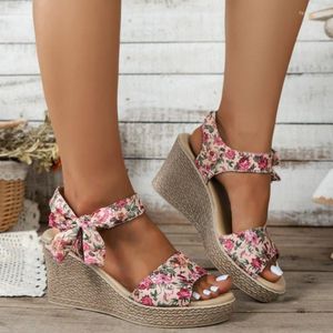 Sandália Salto Alto Feminino Sapatos Cunhas 2023 Verão Dedo Aberto Doce Laço Estampado Roma Vestido Plataforma Chinelo Chinelo