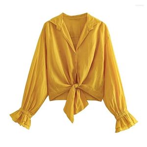 Kvinnors blusar maxdutti fransk landsstil enkel skjorta avslappnad blus kvinnor knutna löst kort topp gul linne