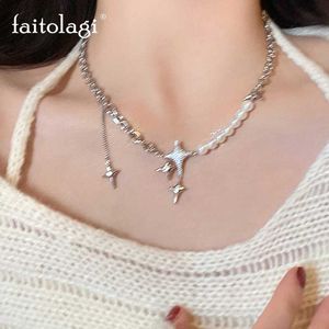 Pendant Necklaces Kpop Imitationpearl Cross Star Necklace Shiny Rhinestone Tassel Y2k Irregular Aesthetic Egirl 230613