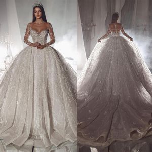 Elegant Ball Gown Wedding Dresses V Neck Long Sleeves Beads Appliques Lace Bridal Gowns Custom Made Sweep Train Vestido De Novia