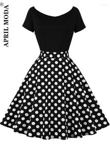 Partykleider 2023 Patchwork Vintage Swing Damenkleid Polka Dot Schwarz Flare Robe Sommerkleid Baumwolle 50er 60er Jahre A-Linie Sommer Pin Up