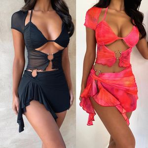 Cover-ups Two Piece Dress Women Dress Summer Sexy Jumpsuit Mesh Sheer Cover-Up Tie Dye Backless Short Sleeve Skirts Push Up Bikini Female Dress 230616