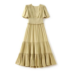 2023 Summer Yellow Solid Color Dress Short Sleeve V-Neck ButtonsMidi Casual Dresses W3L041910