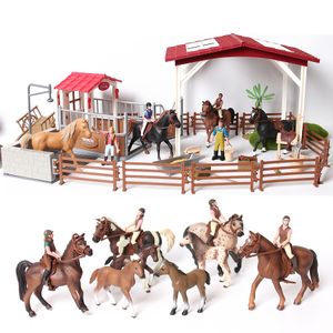 Action Toy Figures Farm Stable Riding School med åkare och hästar Horseman Foals Playset Model Animal Figurine Christmas Birthday Present 230617