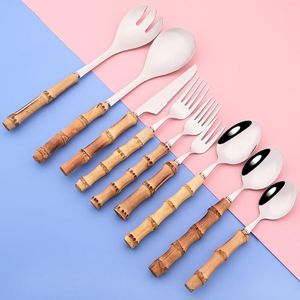 Dinnerware Sets 304 Stainless Steel Wood Bamboo Root Handle Cutlery Serving Fork Spoon Salad Cake Coffee Tableware