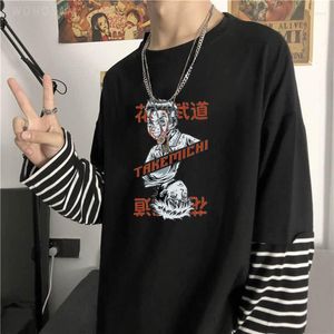メンズTシャツ東京レバイガーTシャツアニメハナガキタケミチグラフィックメンメンカジュアル長袖90年代ヴィンテージブラックホワイトストライプ