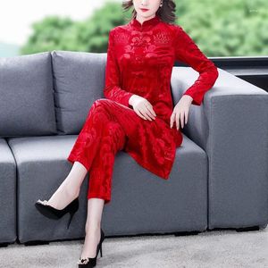 Kvinnors tvåbitar byxor Kvinnor Guld Velvet Set Spring Pullover Tops Cheongsam Suit Loose Printing Female Casual Trousers Suits 5xl