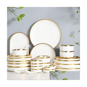 Set di stoviglie Bordi dorati Piatti in porcellana bianca Set da tavola per cibo Piatti per insalata Ciotola per zuppa Ciotole in ceramica Stoviglie di lusso Drop Del Dhukd