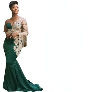 Emerald Green Prom Dresses One Shoulder Pearls Tassel Spets Applicques Mermaid Satin Evening Dresses Abiye Gece Elbisesi