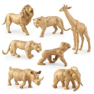 Декоративные предметы статуэтки 7pcs золотые версии симуляция дикой природы парк животных модели игрушки пластиковые леса джунгли джунгли львиные фигуры Образовательная игрушка 230616