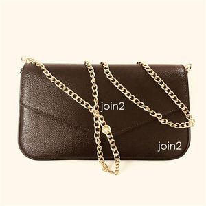 POCHETTE FELICIE Moda feminina de alta qualidade, elegante, corrente, carteira, bolsa transversal, bolsa de ombro, em lona marrom, bolso com zíper Du2057