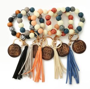 DHL Leopard Wood Breads Bracelet Keychain Women Leather Tassel Pulsel Chain Key Chain for Gift Mama Letters Wholesale