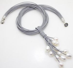 チェーン11-12mm本物の白い淡水真珠ペンダントネックレスレザーコードマグネットクラスプファッションジュエリー