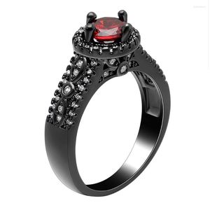 Wedding Rings Luxury Red Round Stone Vintage Jewelry Size 6-9 Black Gold Color Engagement For Women Gifts With Clear CZ