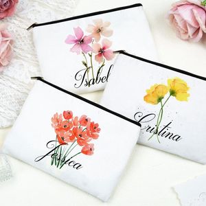 Kosmetiska väskor Personlig blomma med namn Canvas Makeup Case Zipper toalettartiklar Pouch Bridesmaid Lärare Moder gåva till henne