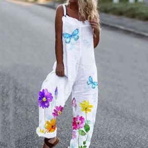 Kvinnors jumpsuits rompers Summer Loose Floral Print Jumpsuits Cotton Blend Off Shoulder Women Romper For Daily Wear Sleeveless Bib Sammantaget Backless Pant 230616