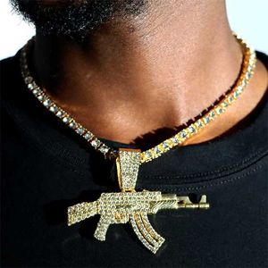 Pendant Necklaces Fashion Bling Iced Out 5mm Tennis Chain Necklace for Women Men with Submachine Gun Hip Hop Rapper Jewelry Gift 230613