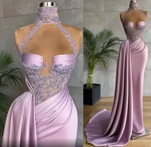 Arabic Plus Size Lilac Lace Beaded Evening Dresses High Neck Sexy Sheath Prom Formal Party Second Reception Gowns