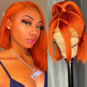 Pedaços de cabelo Orange Ginger Straight Bob 13x4 Transparent Lace Front Humano para Mulheres Natural 230617