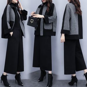 QNPQYX New Korea Suits Womens New Autumn Winter Woolen بدلة من قطعتين بحجم كبير منقو