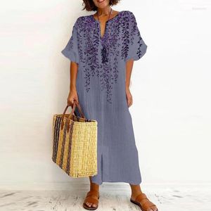 Abiti da festa in lino di cotone Pullover allentato dritto Summer Boho Print Abito lungo da donna Sexy scollo a V manica svasata Orlo Split Beach