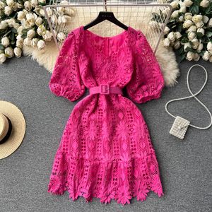 Casual Dresses French Slim V-neck Short Bubble Sleeve Lace A-line Dress Women New Summer Party Clothes Vestidos Femininos Frete 2023