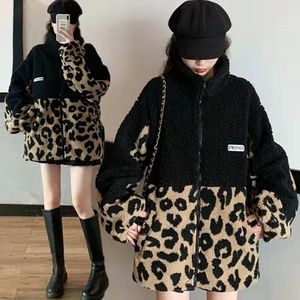 QNPQYX New Ins Retro Design Women Jackets Stitching Leopard Print Thickening and Fleece Lamb Wool Coat Female