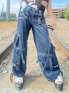 Jeans feminino cintura baixa perna larga largo rebite fitas bolsos mulher jeans cargo calças street punk techwear anos 90 roupas baddie