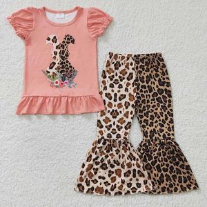 Clothing Sets Wholesale Baby Girl Easter Kids Outfit Children Short Sleeves Flower Shirt Leopard Bell Bottom Pants Toddler Set