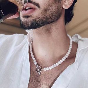 Beaded Necklaces New Trendy Classic Imitation Pearl Necklace Men Handmade Width 6 8 10mm Toggle Clasp for Jewelry Gift 230613