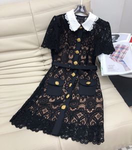 Casual Dresses Women Two Piece Lace Dress Sets Lace Hollow out Peter pan Collar Single-breasted Short Sleeve Female Robes With Belts 2023