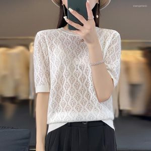 Damskie koszule damskie letnie seksowne puste puste krótkie merynos imitacja wełna elegancka elegancka koszulka okrągła szyja koreańska moda