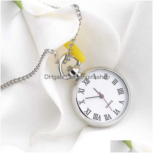 Pocket Watches 1st Quartz Round Watch Dial Vintage Halsband Sier Chain Pendant Antik Style Personlighet Pretty Gift Drop Delivery DH1Y2