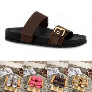 Atacado BOM DIA FLAT MULE Chinelos Cool Stylish Slides 2 tiras com fivelas douradas ajustadas Chinelos de verão feminino tamanho 35-45