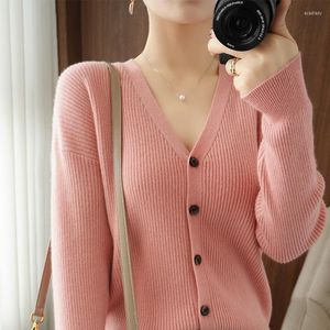 Women's Knits Tailor Sheep Pure Merino Wool Cardigan Sweater Women's V-neck Long Sleeved All Match Small Coat Loose Spring Fall Solid