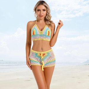 Damen-Trainingsanzüge, Bohemian-Stil, handgefertigt, gehäkelt, zweiteilig, Set, Ummer, lässig, Strandstrick, 2-teilig, solide, rückenfreie Camis, Crop-Top, Shorts, Outfits