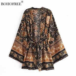 Kadın Mayo Boho Vintage Siyah Çiçek Baskı Kısa Cobles Casual Beach Cover Ups Blusas Kemer Çingene Tarzı Hippi Kadınlar Kimono 230616