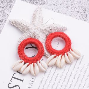 Mode Boho Strand Shell Häkeln Ohrringe Gewebt Baumwolle Seil Große Kreis Shell Quaste Baumeln Ohrring Für Frauen