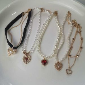 Beaded Halsband Kpop Vintage Love Heart Pendant Choker Halsband för kvinnor Zirkon Pearl Chain Party Eesthetic Jewelry Christmas Gift 230613